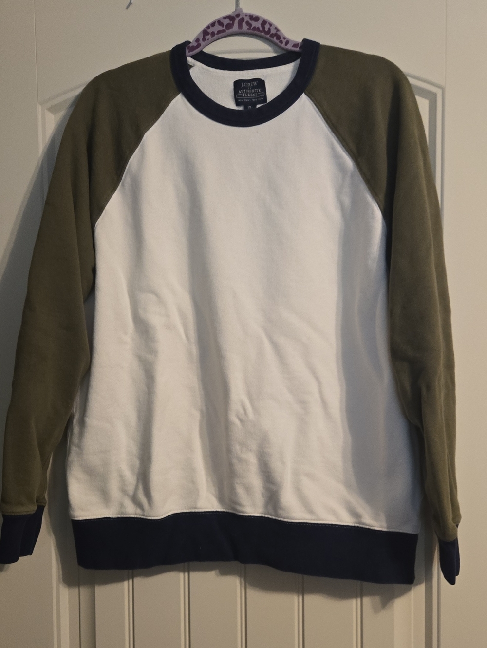 J. Crew Olive Sleeve White Body Crewneck with Navy Trim